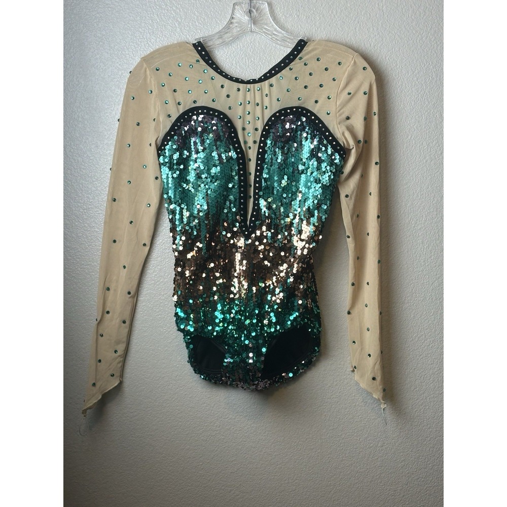 Glamour Costumes Dance Mesh Sequin Gem Long Sleeve Leotard Bodysuit-Adult SA NEW